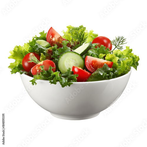 Fresh Salad With Tomatoes, Cucumber, and Lettuce in a White Bowl on a Table