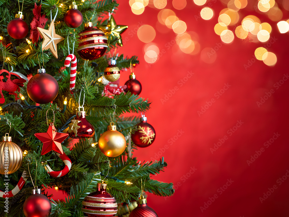 Fototapeta premium Close up view of a decorated christmas tree with festive red and gold ornaments against a bokeh light background
