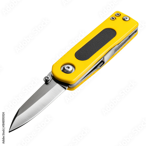 Bright Yellow Folding Knife With a Sharp Blade and Textured Handle Resting on...