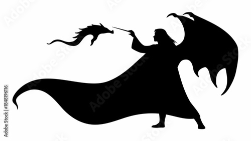 Dynamic Silhouette of Falstaff Summoning an Ice Dragon, Epic Fantasy Vector Illustration for Gaming, Book Covers, or Mythological Lore, Powerful Magic Spell Casting Scene