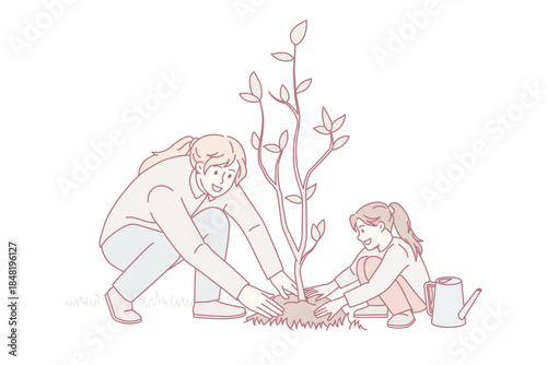 Smiling young mother and small daughter plant seedling in ground take care of environment. Happy mom and little girl child grow tree engaged in gardening activity together. Vector illustration.