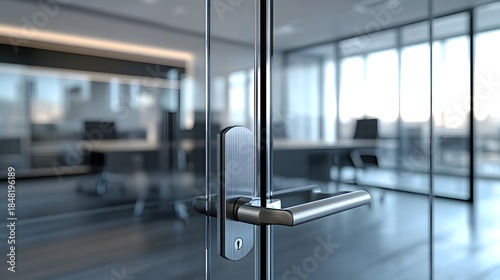 Modern office meeting room door handle featuring a blurred interior view