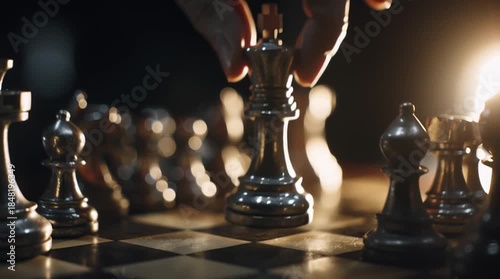 Close up of metal chess king piece being moved on board with dramatic lighting