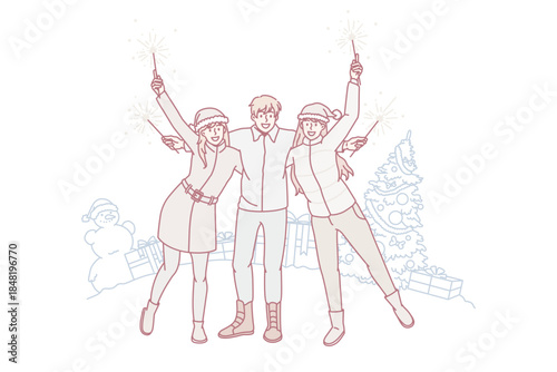 Overjoyed diverse friends relax outdoors with lights celebrate New Year together. Smiling young people have fun enjoy Christmas winter holidays. Celebration, vacation. Vector illustration.