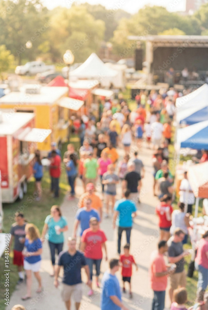Obraz premium High angle blurry bokeh view of a busy outdoor summer festival with crowds of people walking between colorful food trucks and market tents.