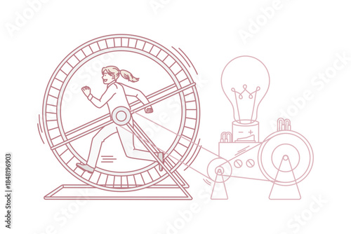 Motivated female employee run in hamster wheel generate creative business ideas for work. Ambitious woman worker in cog brainstorm develop innovative strategy. Innovation. Vector illustration.