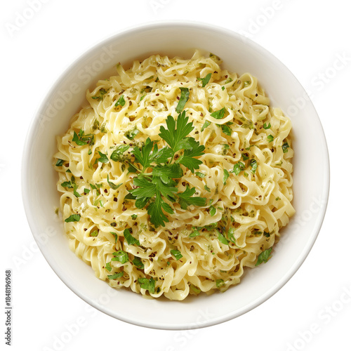 Freshly Cooked Pasta With Herbs and Seasoning in a White Bowl on a Simple Table