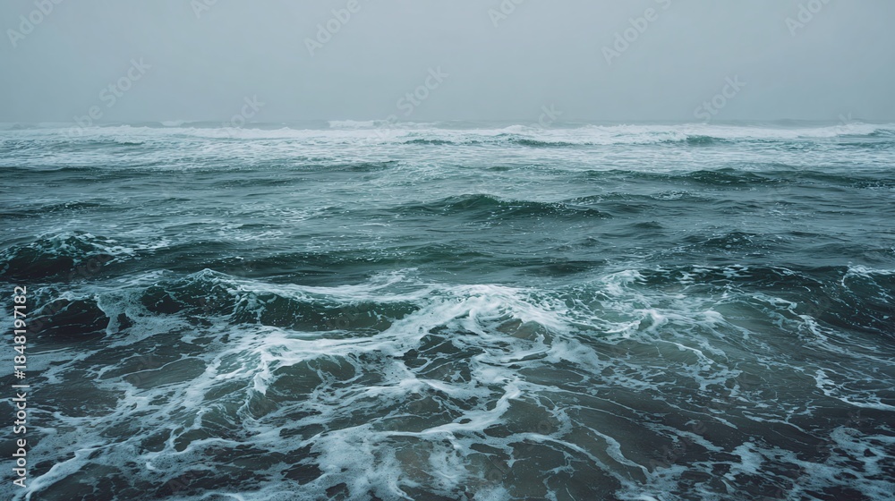 Fototapeta premium Moody ocean view featuring choppy waters and a misty sky. The dark water contrasts beautifully with the white foamy waves, creating a tranquil yet powerful scene.