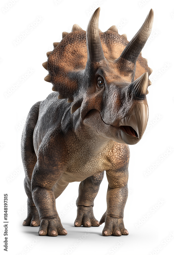 Fototapeta premium 3D Lifelike Triceratops Dinosaur Illustration with Three Horns and Frill, Isolated on White Background 