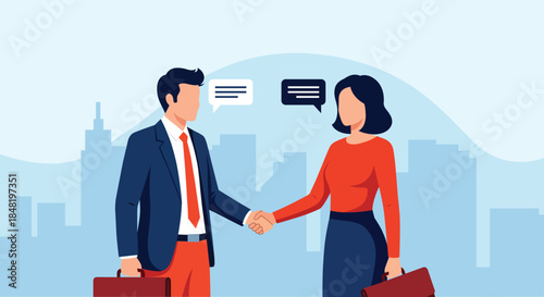 Businesspeople shaking hands with speech bubbles in a cityscape background, handshake vector art illustration design template.