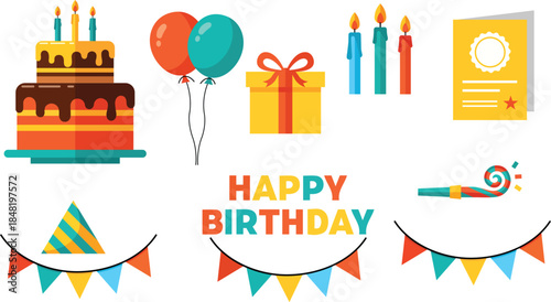 Colorful vector birthday celebration with cake, balloons, gift, candles, banner and party decorations isolated on a white background.