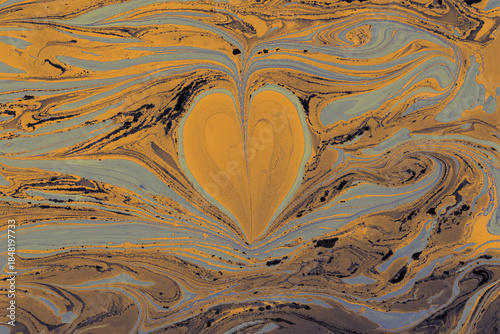 Abstract ebru marbling texture with heart shapes and love concept