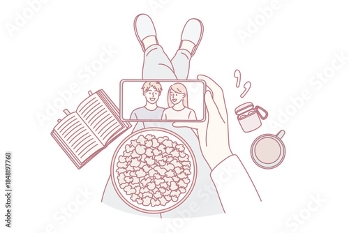 Recreation activity and leisure concept. Top view of human hands holding smartphone with movie on screen popcorn and coffee vector illustration