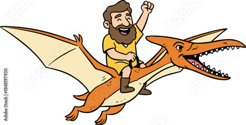 Cartoon man riding Pteranodon, prehistoric adventure scene, flying dinosaur, joyful expression, imaginative flight, flat vector illustration