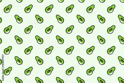 Seamless pattern of cartoon avocado halves on a light green background. Playful, bright design perfect for textiles, packaging, wallpapers, stationery, and modern food themed graphic projects