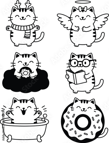 A set of six black and white cartoon cats in different playful scenes, including wearing accessories and engaging in activities, showcasing their cute and humorous expressions silhouette