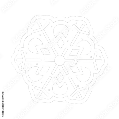 Symmetrical snowflake line art with geometric arms, teardrop curves, and scalloped border. Ideal for winter crafts, festive decorations, or seasonal coloring pages