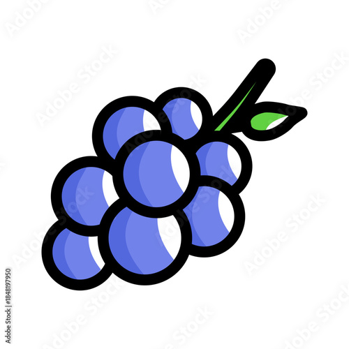 Cartoon-style bunch of grapes with shiny blue-purple spheres, green leaf, and brown stem. Ideal for food-themed designs, educational materials, or playful fruit illustrations
