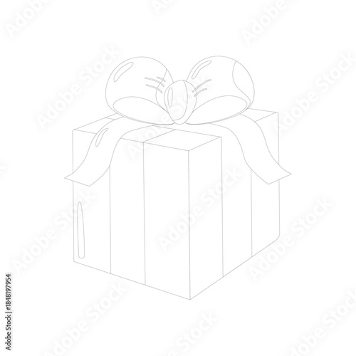 Black and white line art of a gift box with ribbon and bow, shown in 3D perspective. Ideal for holiday coloring pages, festive crafts, or celebratory design elements