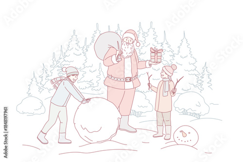 Smiling Santa Claus greeting children outdoor with New Year give presents. Happy father Christmas congratulate kids playing outside with gifts on winter holidays. Flat vector illustration.
