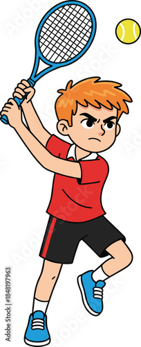 Cartoon boy playing tennis, athletic child character, sports activity pose, focused expression, tennis ball and racket, vector illustration