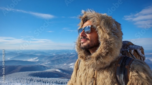 A man clad in a fur-lined coat enjoys a serene mountain view under a blue sky, capturing the essence of winter exploration. He has sunglasses on in the mountaintops.