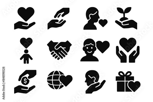 Black silhouette symbols of charity, donation, generosity, volunteerism, and community support