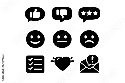 Set of customer feedback symbols including rating stars, like, dislike, and emotional faces