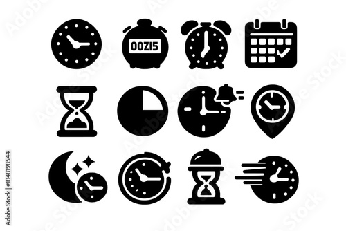 Collection of time management symbols including clock, alarm, calendar, hourglass, and stopwatch