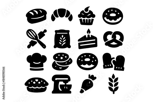 Solid black symbols of baked goods, desserts, and essential kitchen tools for pastry making