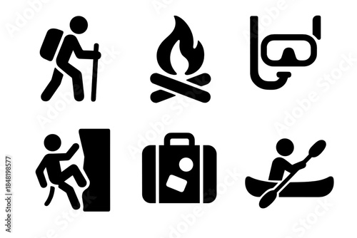 Minimalist icons for outdoor recreation, adventure sports, camping, and travel