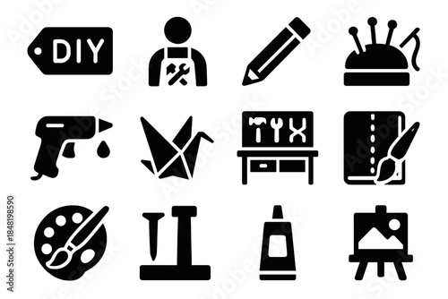 Crafting, DIY, and Art Supplies including glue gun, palette, pencil, and workbench