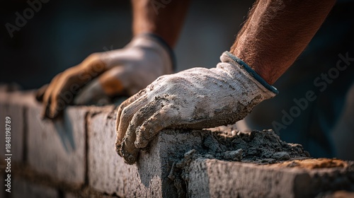 Wallpaper Mural Close-up of gloved hands laying brick. A craftsman's hands meticulously stack brick, constructing something new, in a rhythmic process of labor and expertise. Torontodigital.ca