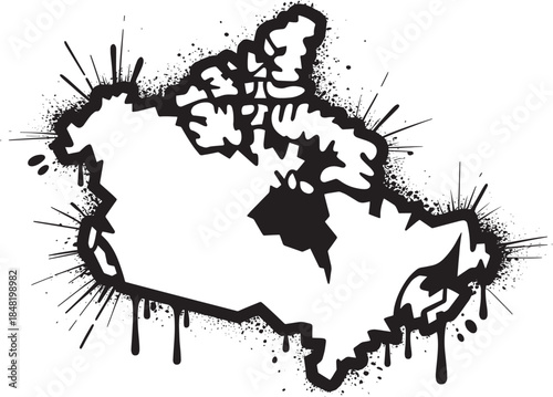 Graffiti art outline of canada country shape with ink splash effect on transparent background
