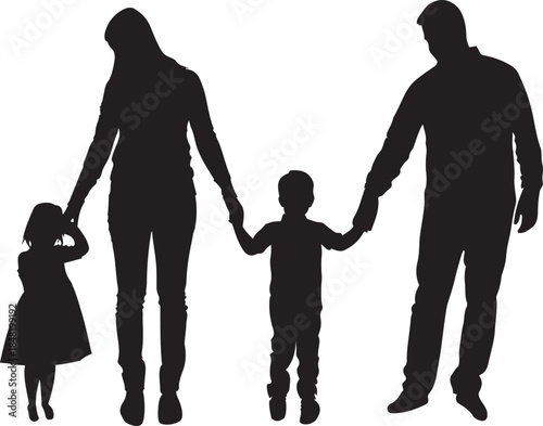 Silhouette of a family of four holding hands together, four people, black and white vector art illustration design template isolated on a white background.