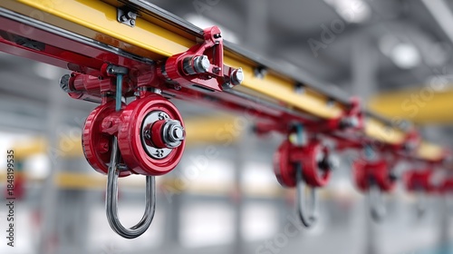 A close-up shows the red trolleys and silver hooks of an overhead crane system against the backdrop of an industrial setting. The crane's yellow beam adds contrast.