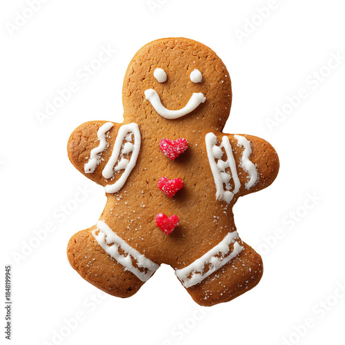 Gingerbread Cookie With Icing and Hearts on a White Background