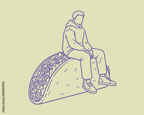 Casual man sitting on huge taco fast food art