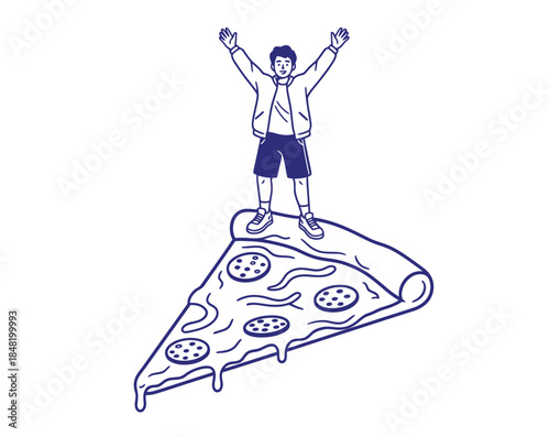 Happy man standing on giant pizza slice illustration