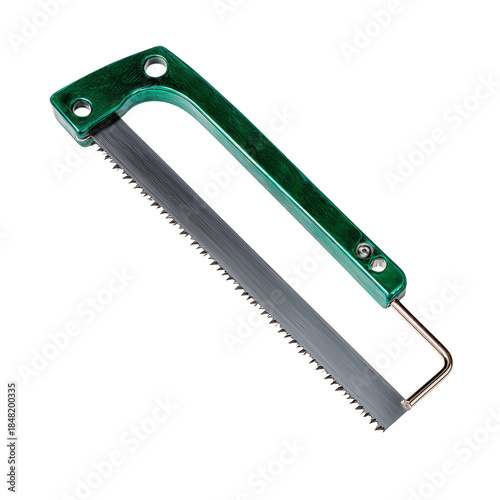 Common Hand Saw With a Green Handle Used in Woodworking Projects at the Workshop