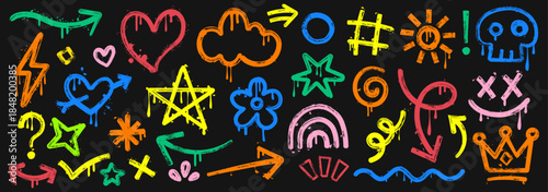 Colorful Graffiti Spray Paint Vector Elements Set on Black Background, Urban Street Art Icons including Rainbow Arrows, Skulls, Hearts, Stars and Crowns with Drips and Splatters