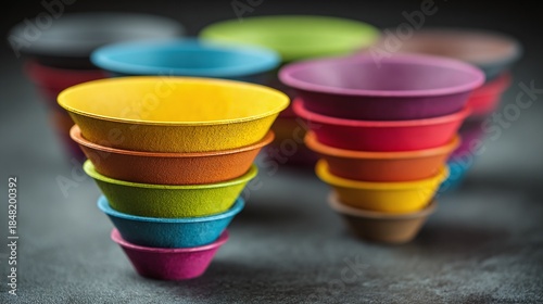 Vibrant Bowls: A stack of brightly colored bowls creates a lively display. The gradient of hues adds visual interest. Perfect for adding a pop of color to any setting.