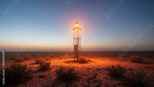Environmental warning beacon glowing softly in dusty landscape (no danger scene).