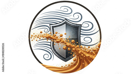 Circular emblem combining wind lines, sand particles, and a protective shield.