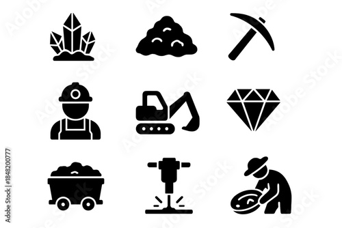 Set of solid black glyph icons for mining, geology, minerals, and excavation equipment