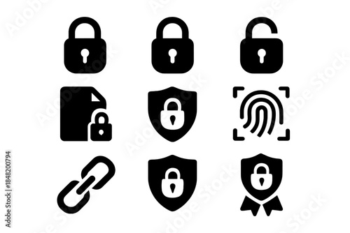 Digital security and data protection symbols with padlocks, shields, and biometric identification