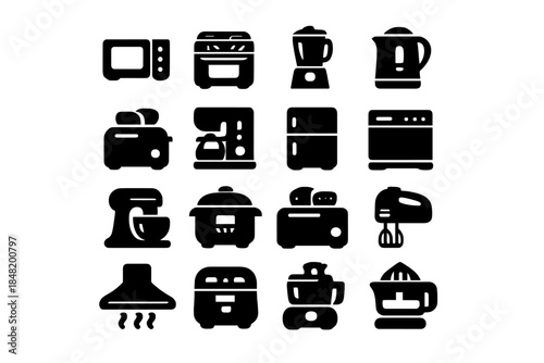 Solid black silhouette glyphs of essential household kitchen appliances and cooking equipment