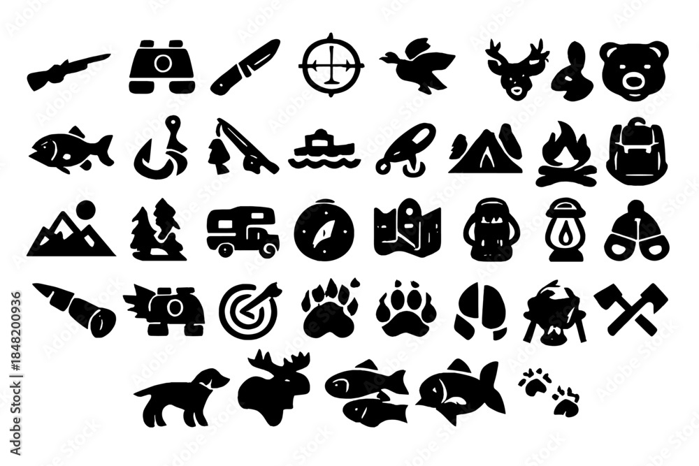 Naklejka premium Monochrome glyphs for hunting, fishing, camping, and wilderness survival equipment