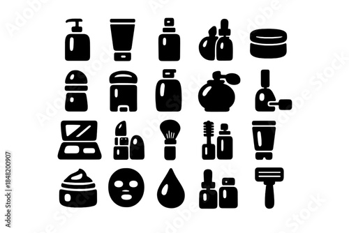 Personal care and beauty products including bottles, jars, makeup, and grooming items