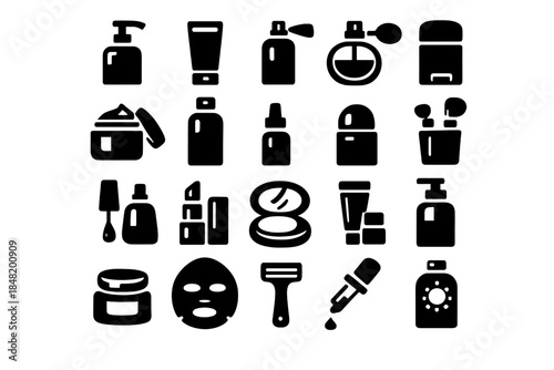 Skincare, makeup, and hygiene products presented as minimalist black silhouettes